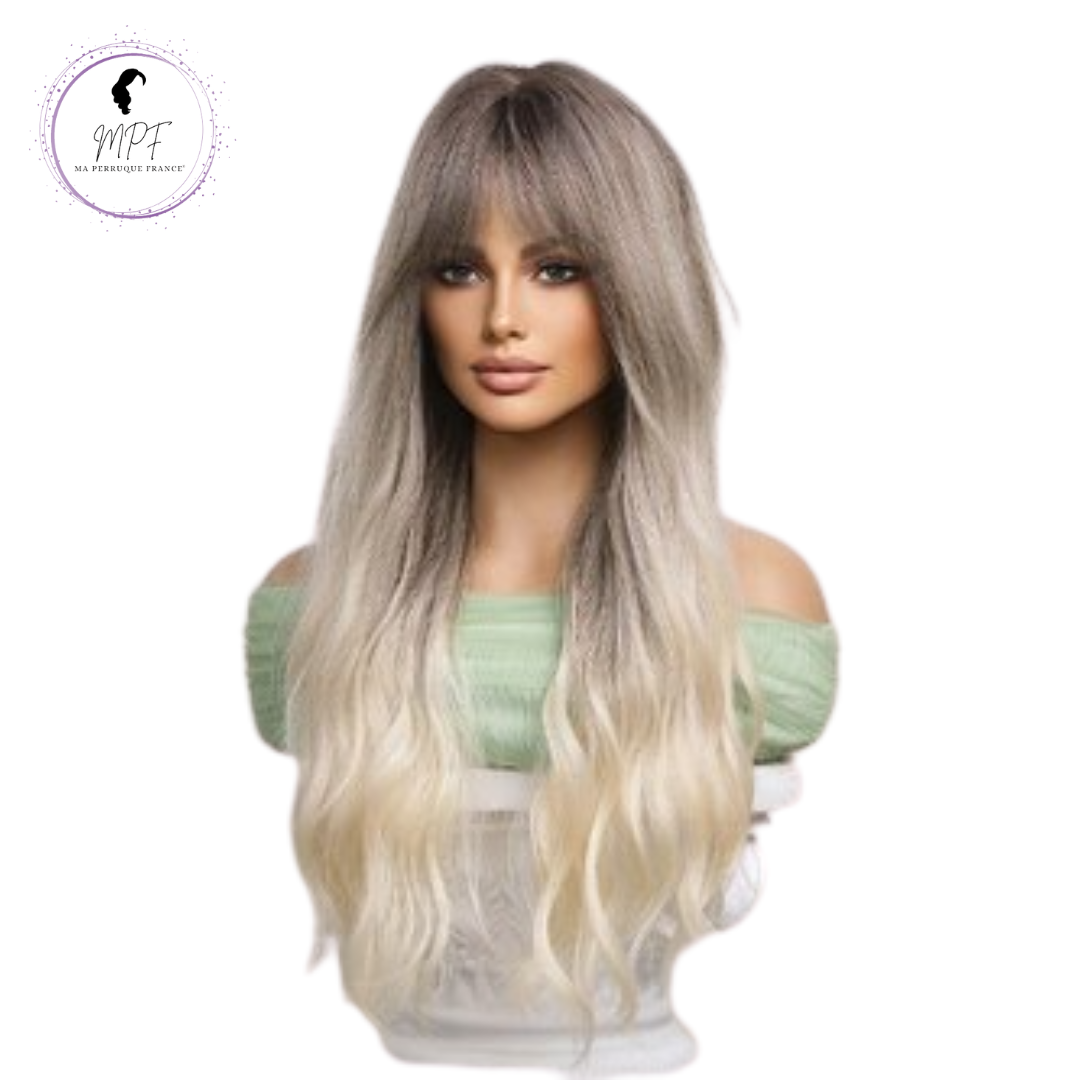 Perruque bob cheveux synthétiques longue/ondulée - Blonde/ gris