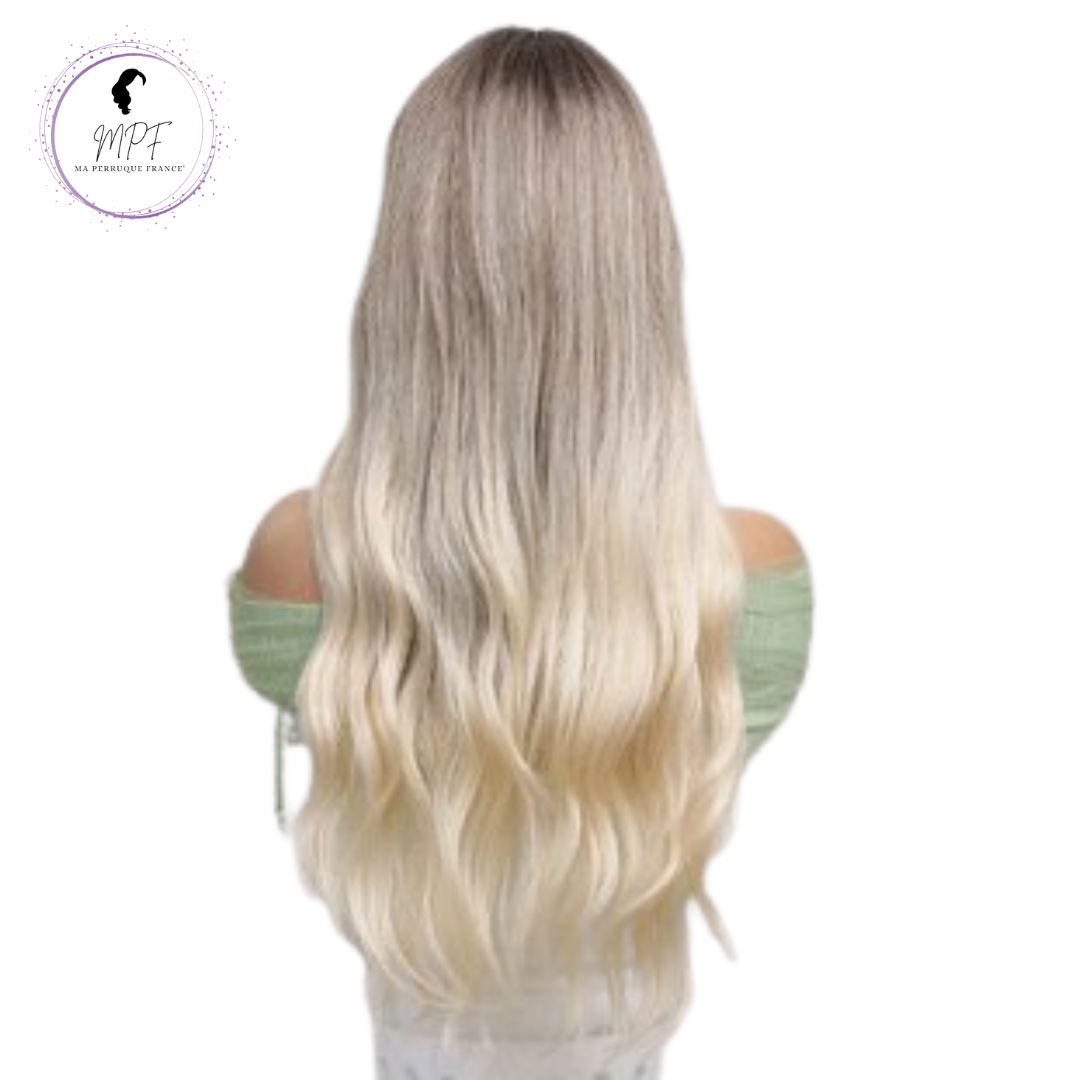 Perruque bob cheveux synthétiques longue/ondulée - Blonde/ gris