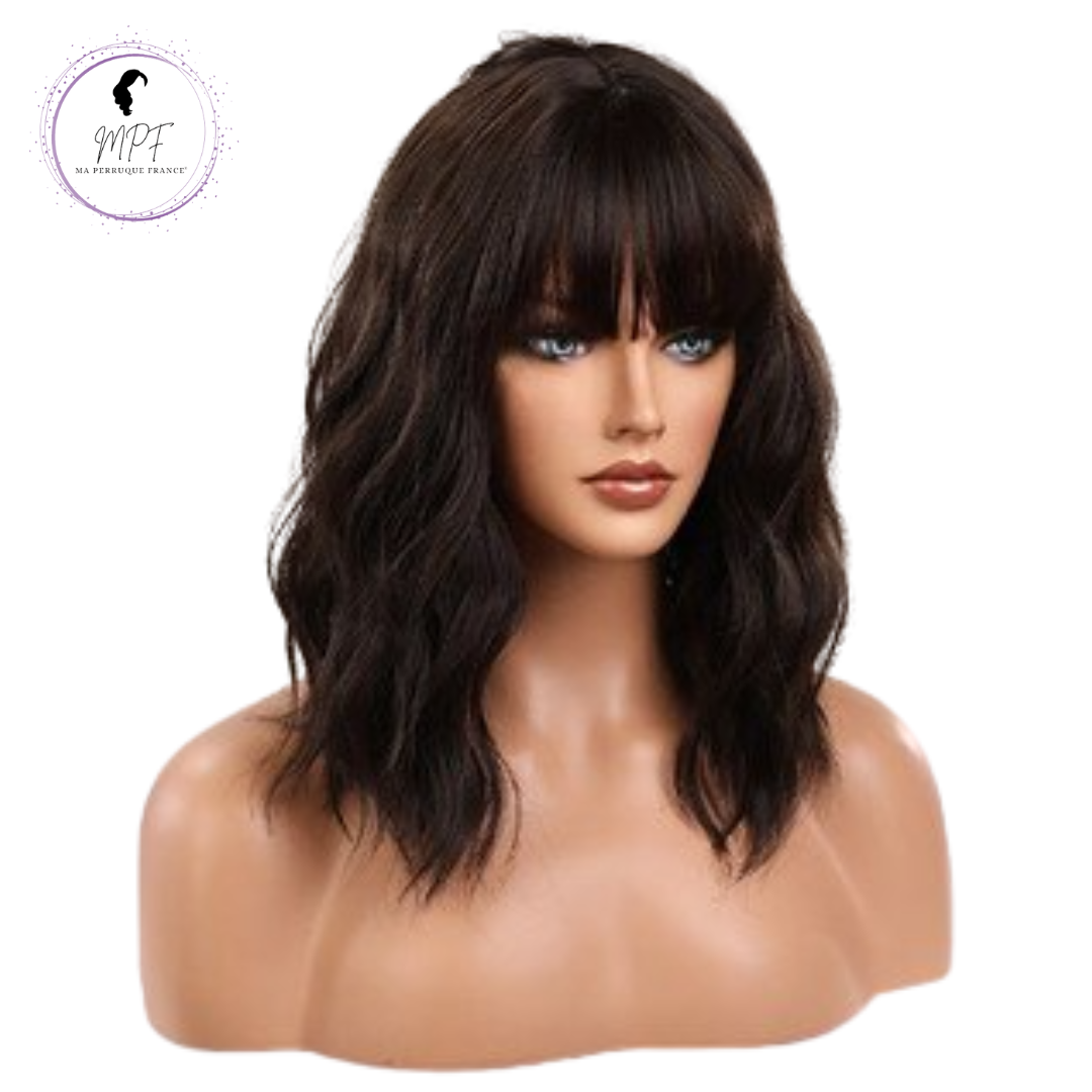 Perruque bob cheveux synthétiques longue/lisse -brune