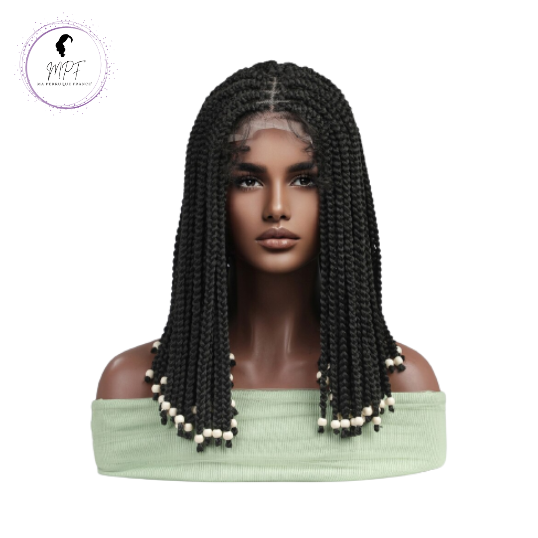 Perruque bob cheveux synthétiques tressés courte - Brune
