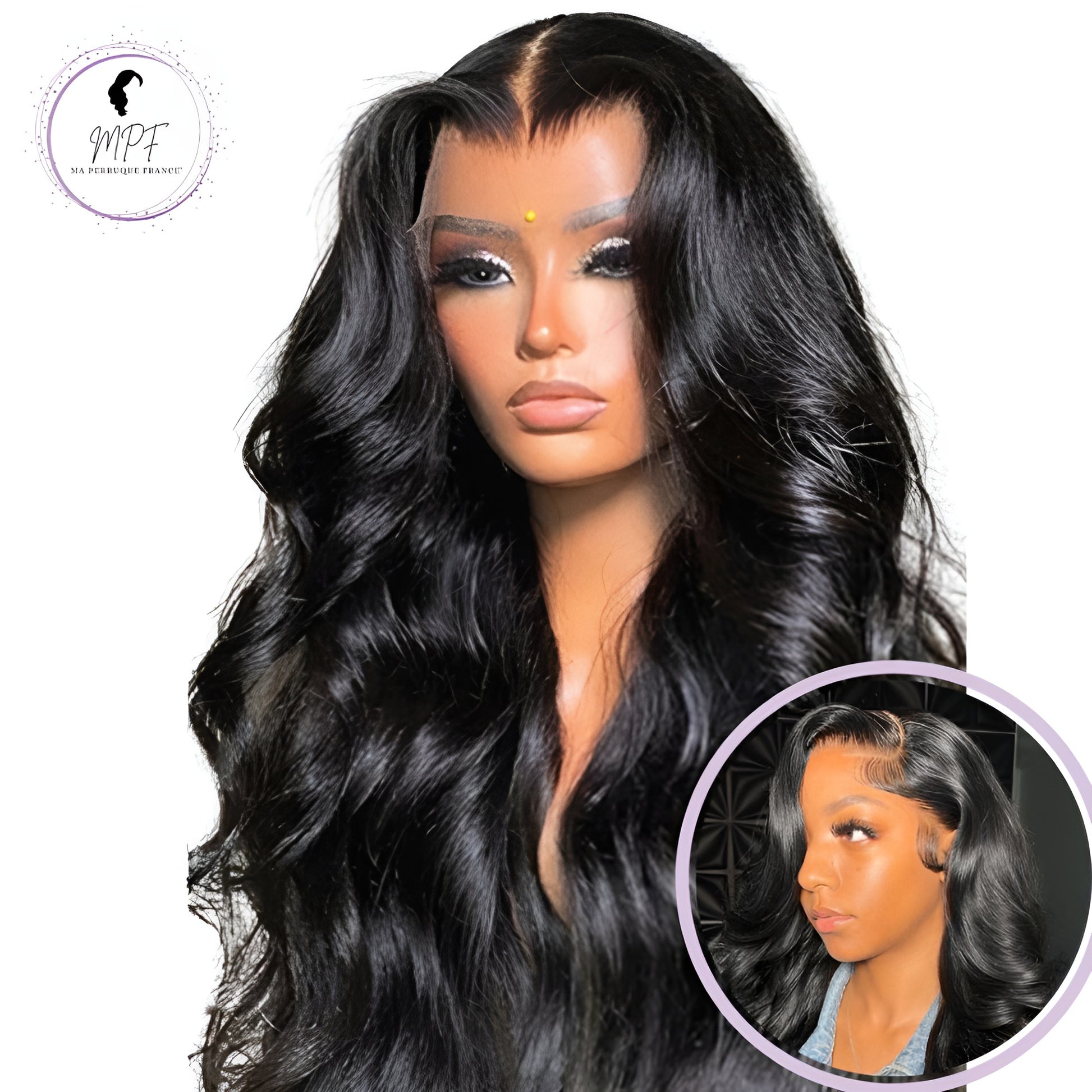 Perruque cheveux naturels longue/ondulée - Brune