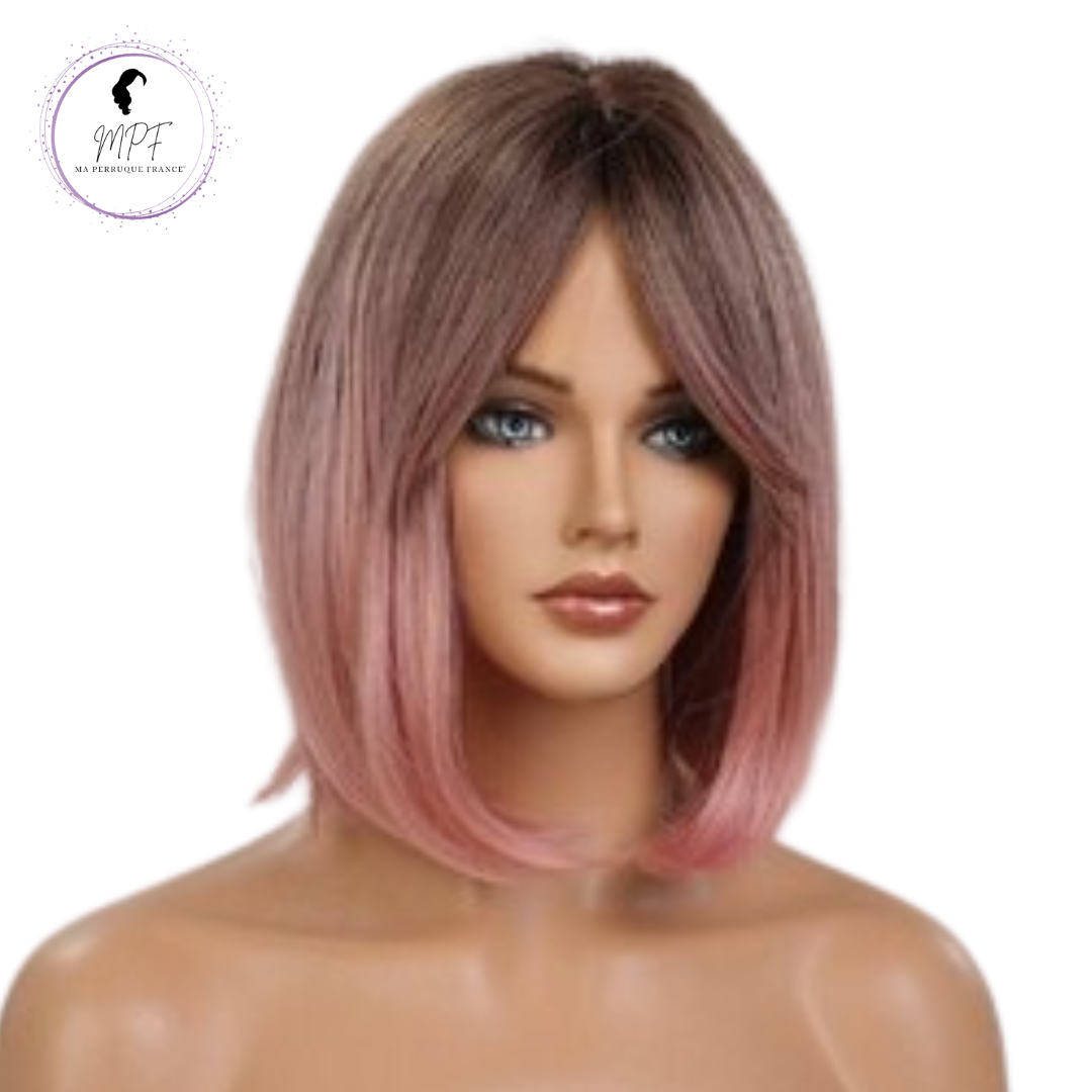 Perruque bob cheveux synthétiques courte/lisse - Couleur rose