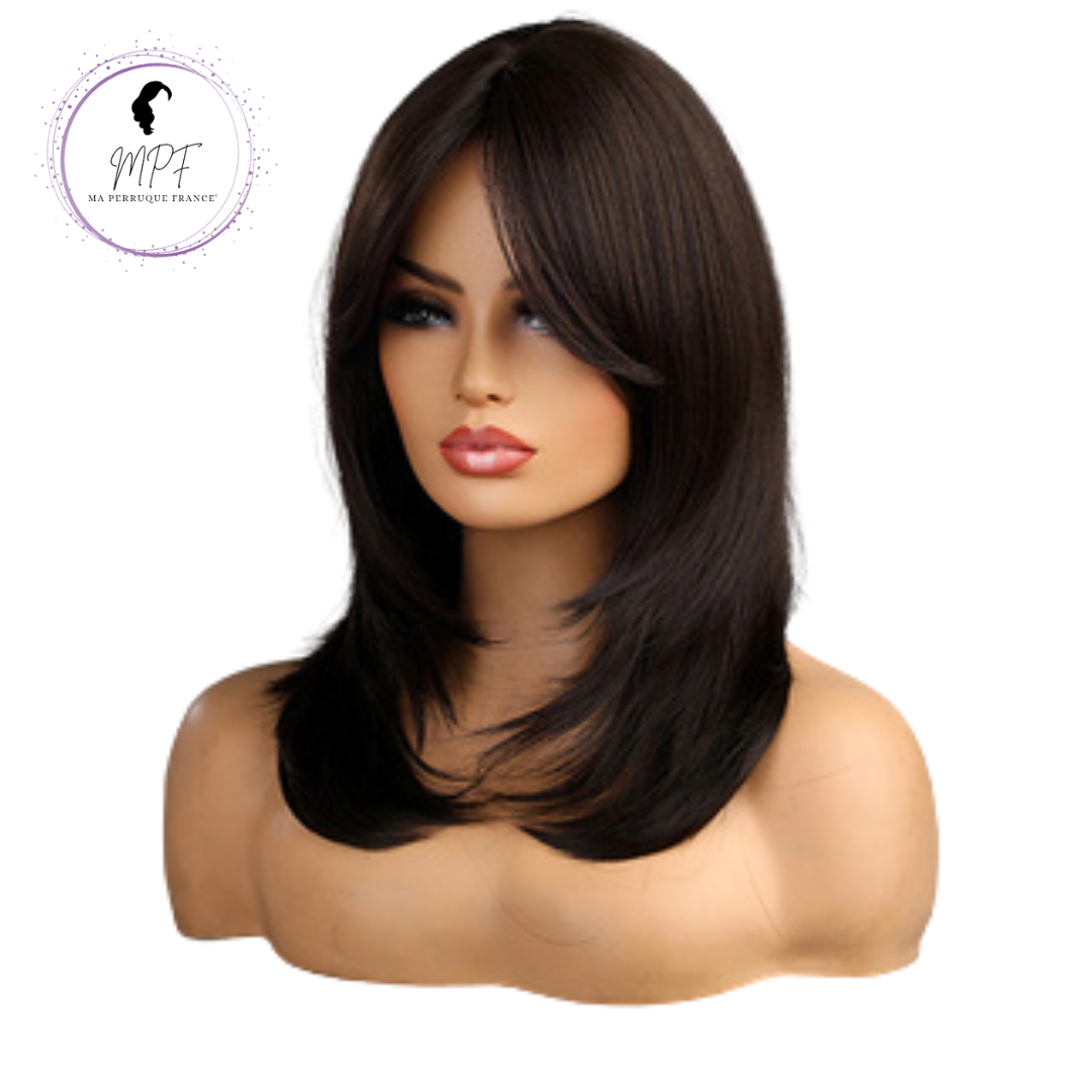 Perruque bob cheveux synthétiques longue/lisse - Brune