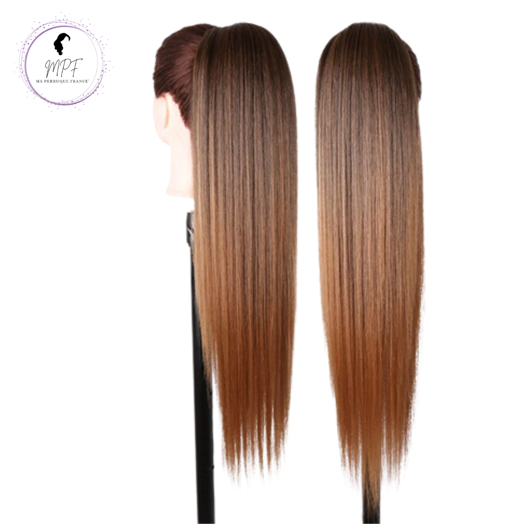 Extension ponytail en cheveux synthétiques ondulés - Brune ombrée