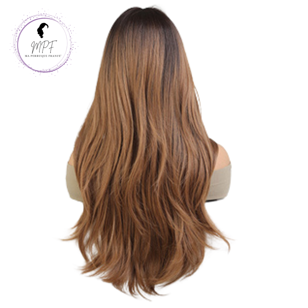 Perruque bob cheveux synthétiques longue/lisse -brune