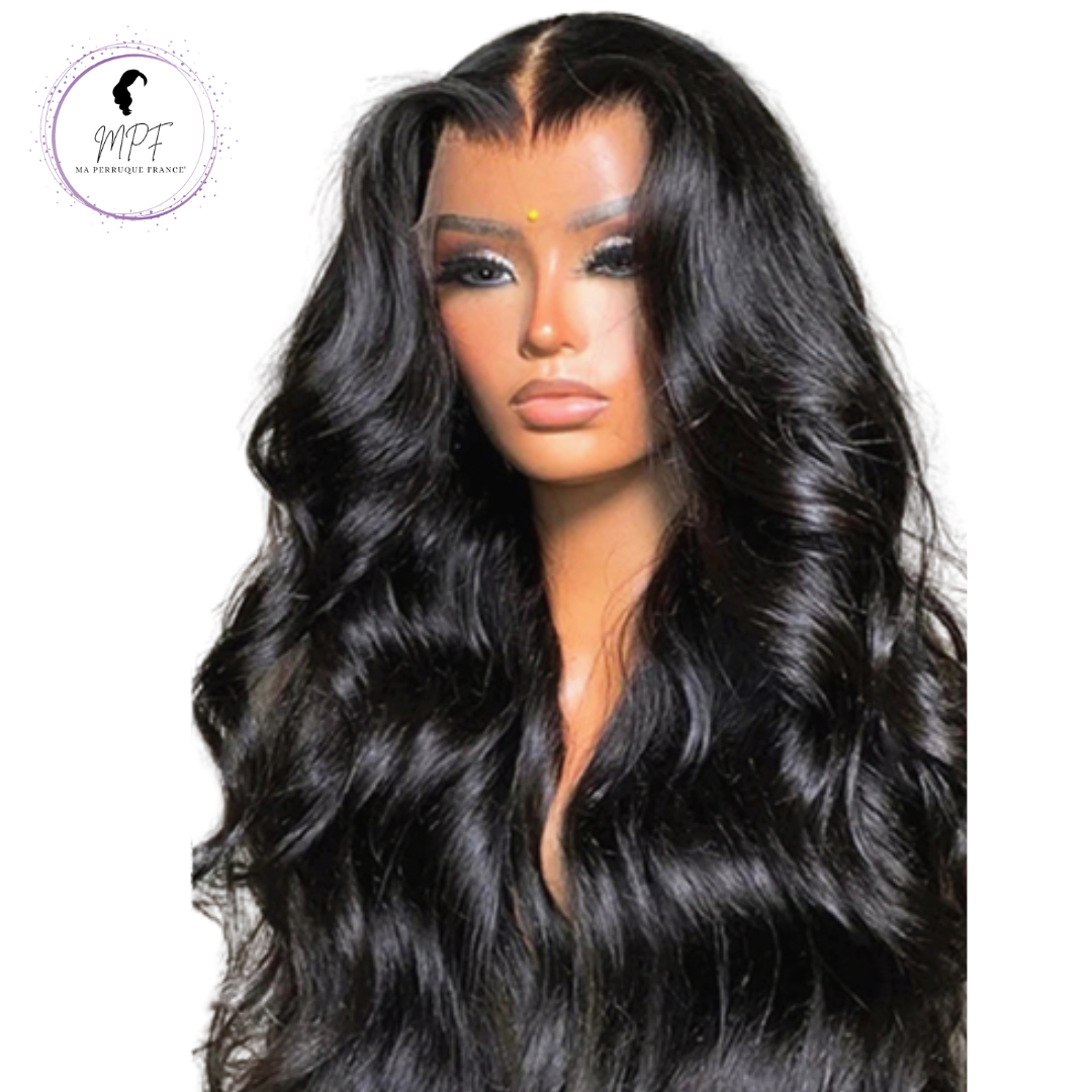 Perruque cheveux naturels longue/ondulée - Brune