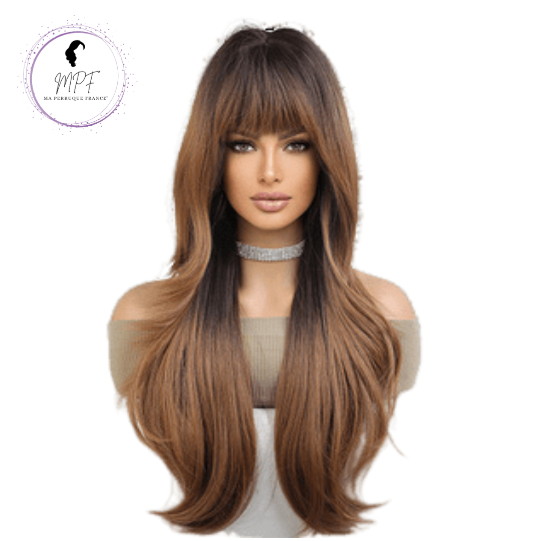Perruque bob cheveux synthétiques longue/lisse -brune