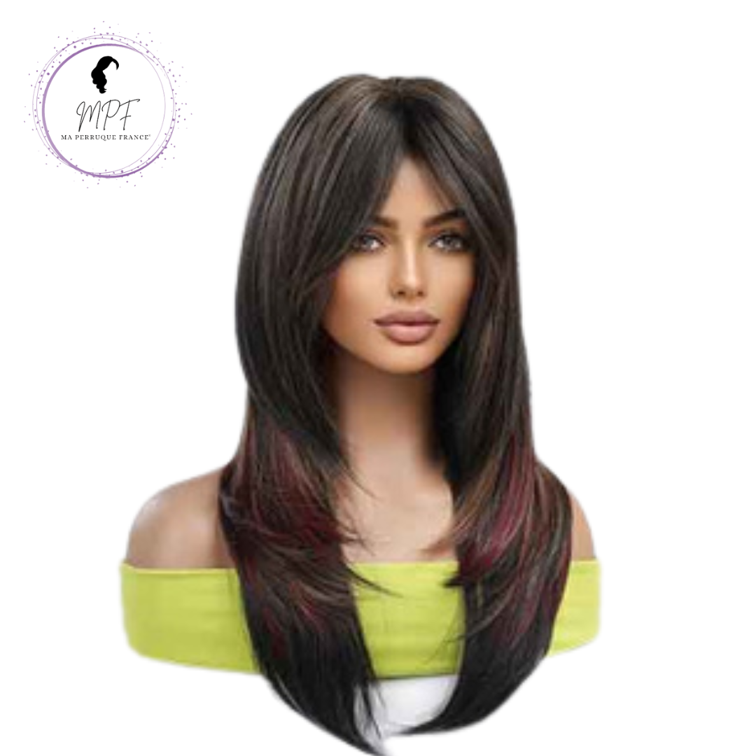 Perruque bob cheveux synthétiques longue/lisse -brune avec mèches