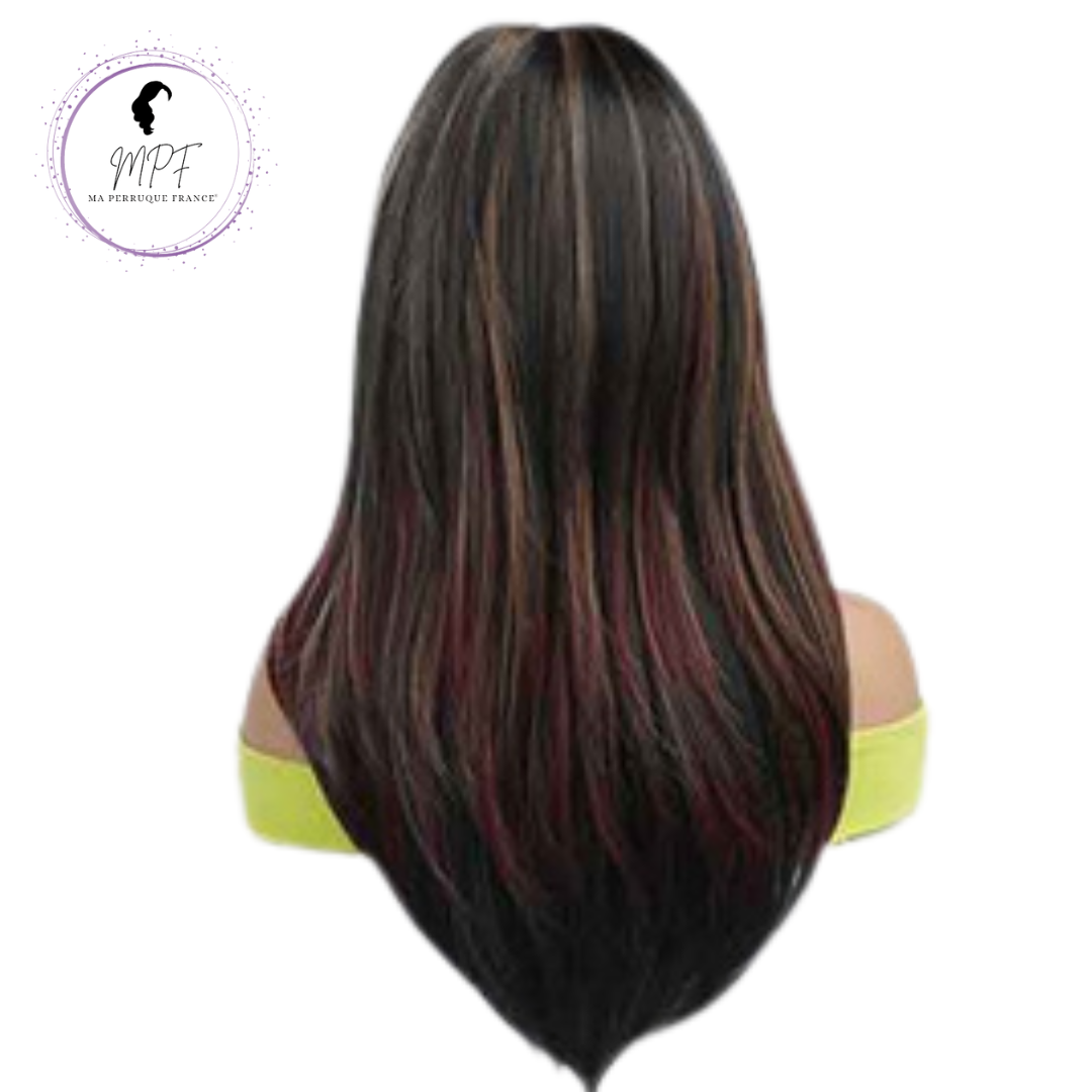 Perruque bob cheveux synthétiques longue/lisse -brune avec mèches