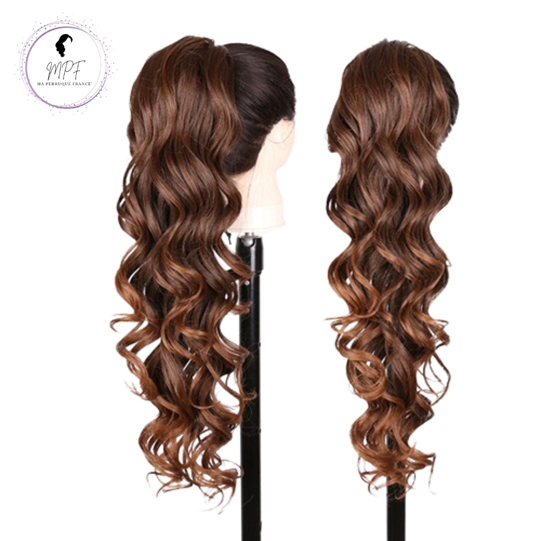Extension ponytail en cheveux synthétiques ondulés - Brune ombrée