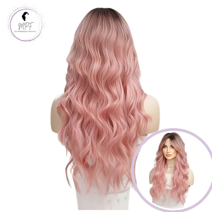 Perruque bob cheveux synthétiques longue/ondulée - Couleur Rose