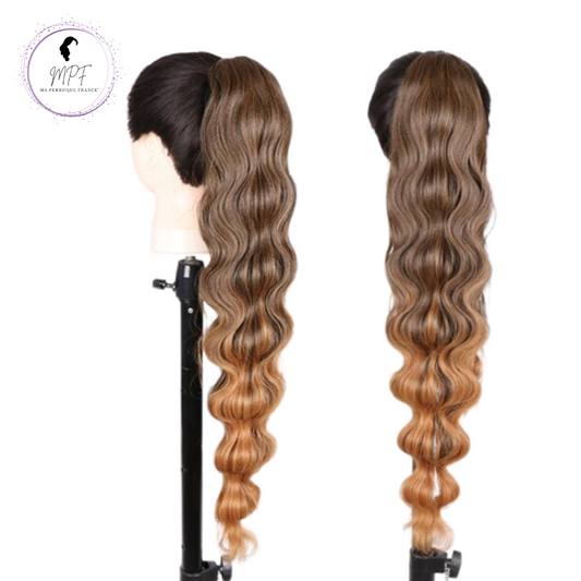 Extension ponytail en cheveux synthétiques ondulés - Brune ombrée