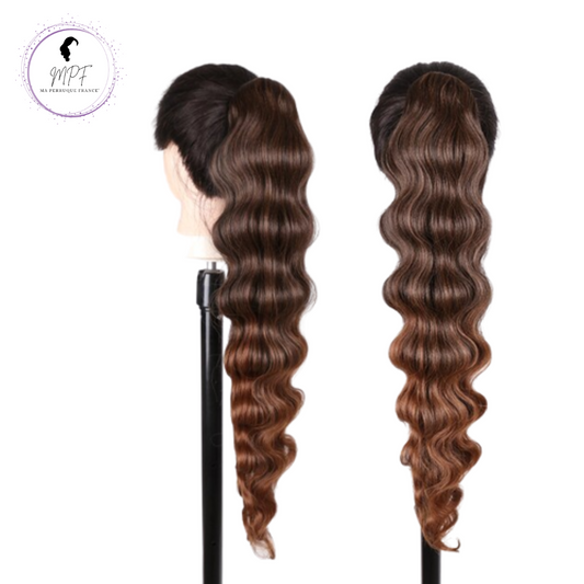 Extension ponytail en cheveux synthétiques ondulés - Brune